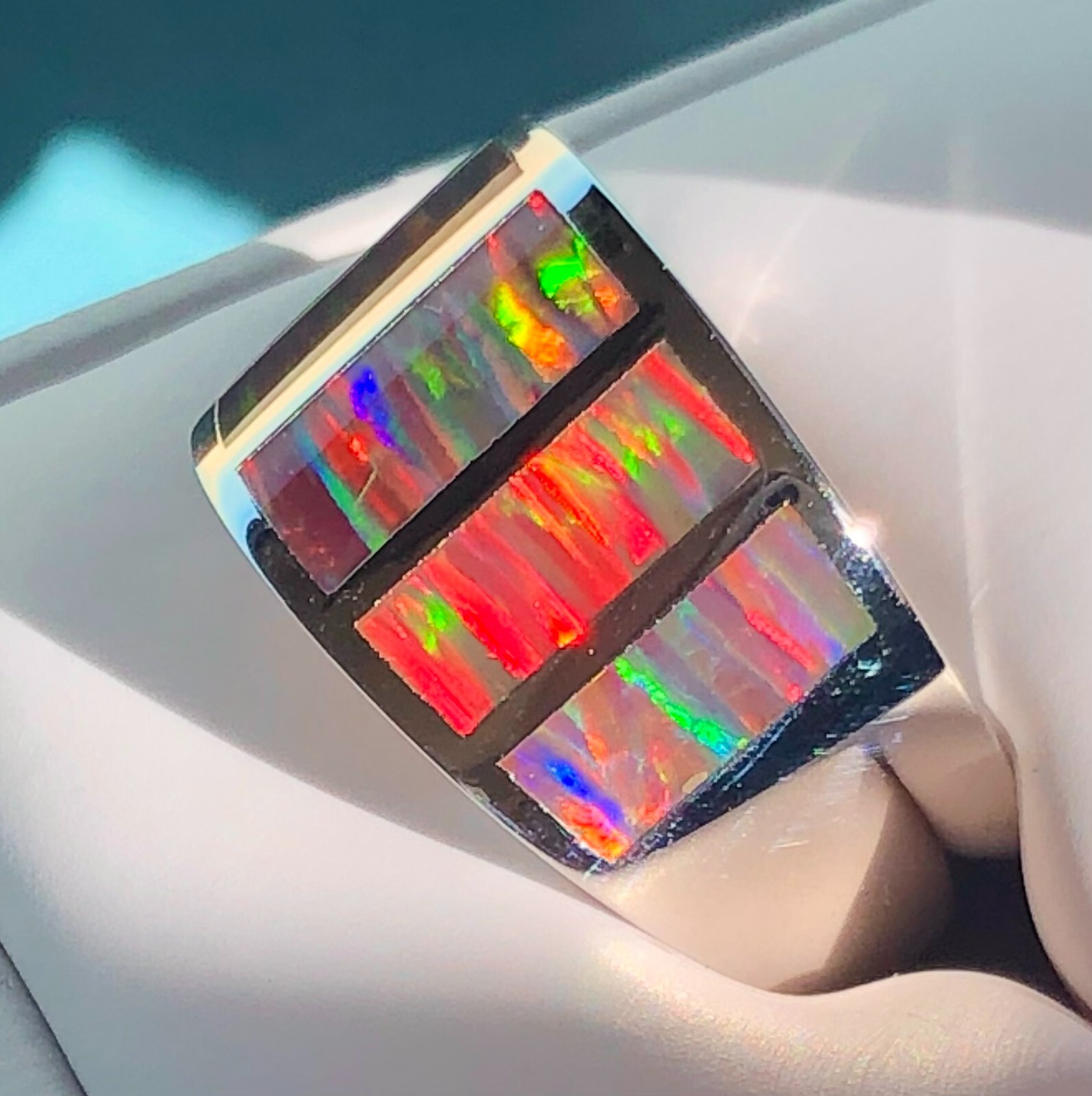 HANDSOME Heavy Rock Red Black Fire Opal Men's ring VIDEO sterling 14 925 z+++ image 10