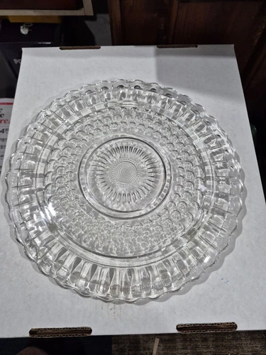 Vintage Glass Clear Footed Cake Plate 11" Sunburst Dots Panels