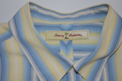 Tommy Bahama Mens 100 % Silk Blue Yellow Striped Button Down L/S Shirt Size L - Picture 2 of 11