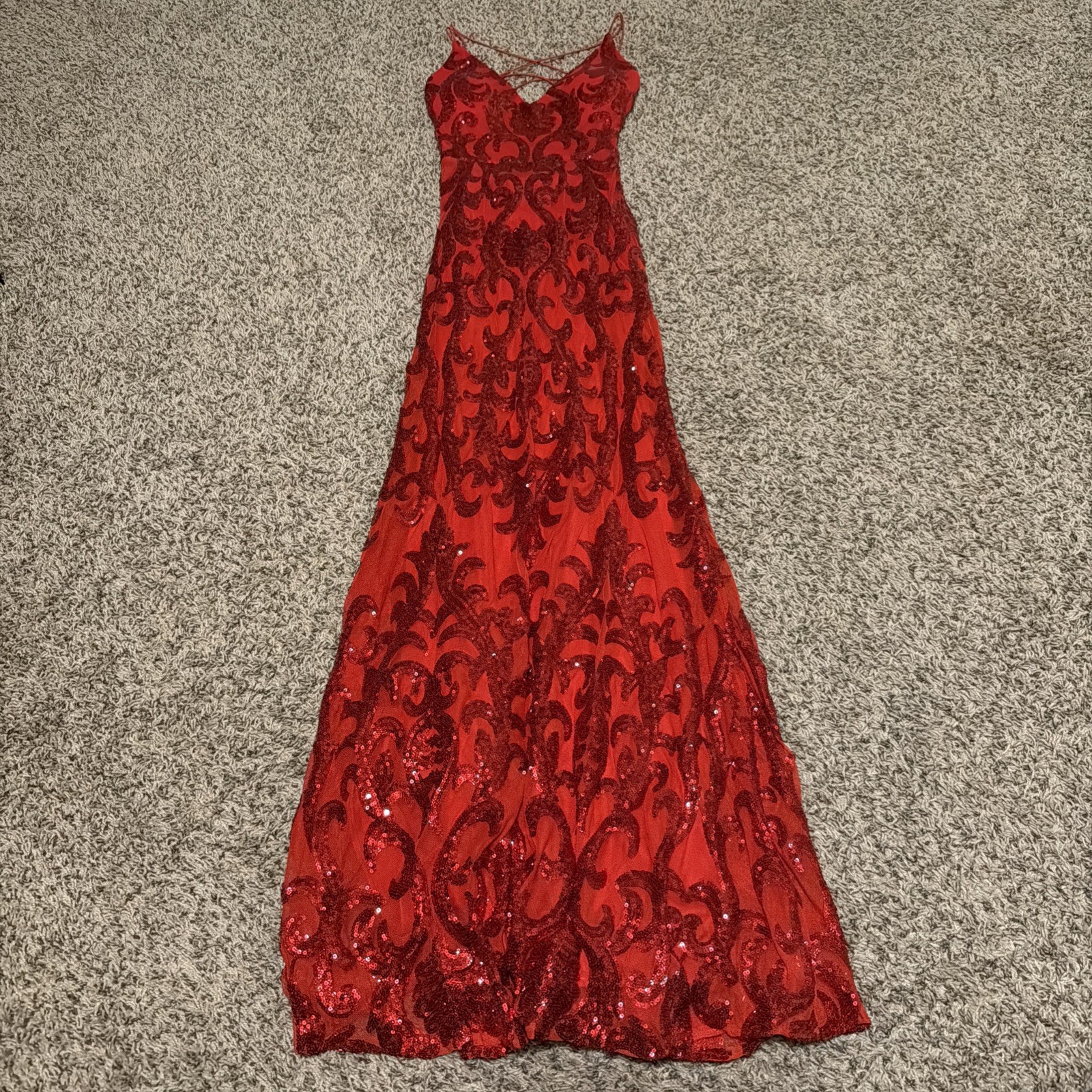 Red Sequenced Prom Dress. Size 2. Bust 33. Waist 26. Hip 36