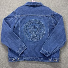 United States Navy Denim Trucker Jacket Mens 2XL Embossed Seal Blue Made In USA