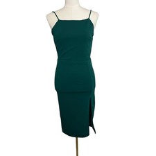 Lulus Bodycon Dress Womens Small Green Square Neck Midi Slit Cocktail Party