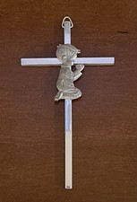 Vintage Metal Wall Cross Praying Boy First Communion Silver Tone 6.5  