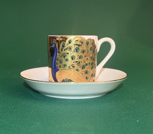 Schloss Linderhof Demitasse Teacup with Saucer, Gold Peacock Design 2" Tall RARE