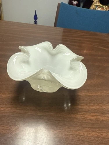 Murano Style White Opaline Art Glass Ruffled Bowl – Hand Formed Freeform Vintage