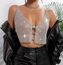 Women Vest V-neck Rhinestone Jewel Metal Beach Show Body chain Bralet 217721