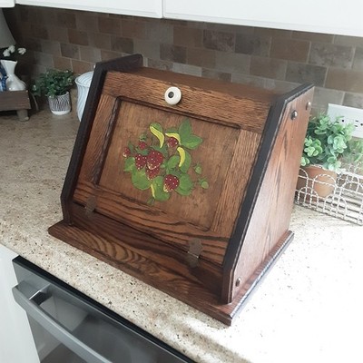 Vintage Wooden Bread Box With Strawberry Design On Lid - Farmhouse Style 