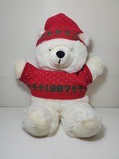 Vintage 1987 Christmas Teddy Bear Plush 19" Stuffed Animal Red Sweater Hat