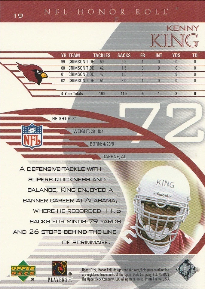 2003 Upper Deck Honor Roll #19 Kenny King RC - Image 2 of 3
