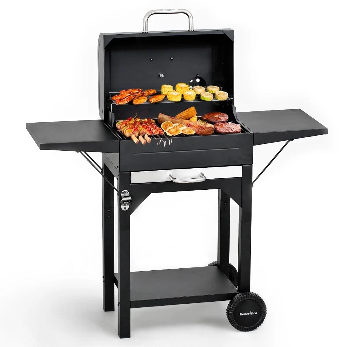 MASTER COOK Charcoal Grill,332 Sq In BBQ Smoker with Two Side Tables & Wheels