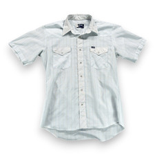 Vintage Wrangler Western Shirt Adult MEDIUM Blue Pastel Plaid Pearl Snap USA 80s