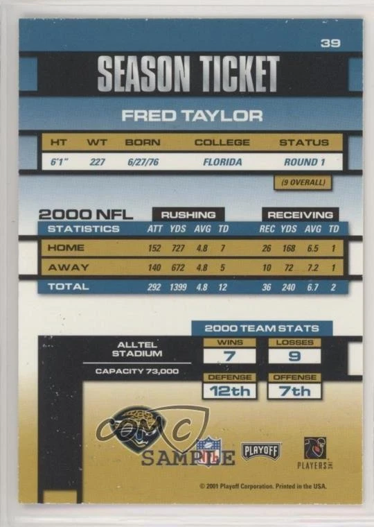 2001 Playoff Contenders Season Ticket Sample Fred Taylor #39 - Image 2 of 2
