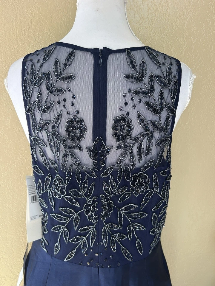 Vestido Largo Adriana Papell Azul Marino Claro Estilo Código AT412 Cuentas Top Tafetán Talla 12 Foto 4 de 4