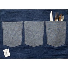 Set of 4 Heavy Duty Denim Placemats with 3 Utensil Pockets Blue Cotton 18X13" 
