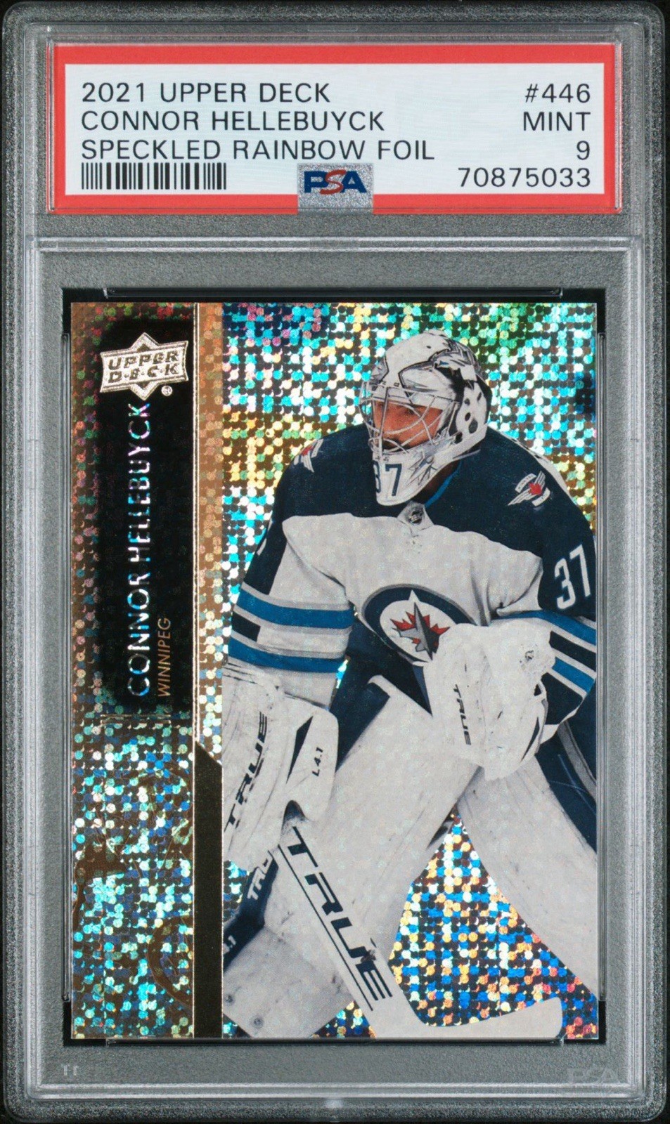 Upper Deck 2021-22 Series 2 Connor Hellebuyck #446 Speckled Rainbow PSA 9