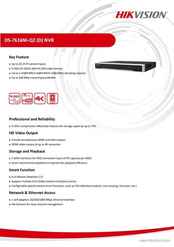 Hikvision DS-7616NI-Q2 4K 8MP 16 Channel NVR IP Security Video Audio Recorder - Zdjęcie 2 z 7