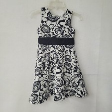 Janie and Jack Floral Dress Kids 5 Black White Rose Jacquard Metallic Bow Back