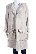 Edward Achour Womens Pleated Chiffon Tweed Hook & Eye Jacket Beige Ivory Fr 40