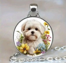 Maltese Dog Necklace Happy Puppy & Floral Design Beautiful Dog Lovers Jewellery 