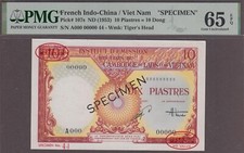 French Indochina 10 Piastre Specimen Banknote P-107s ND (1953)  PMG 65EPQ  TDLR