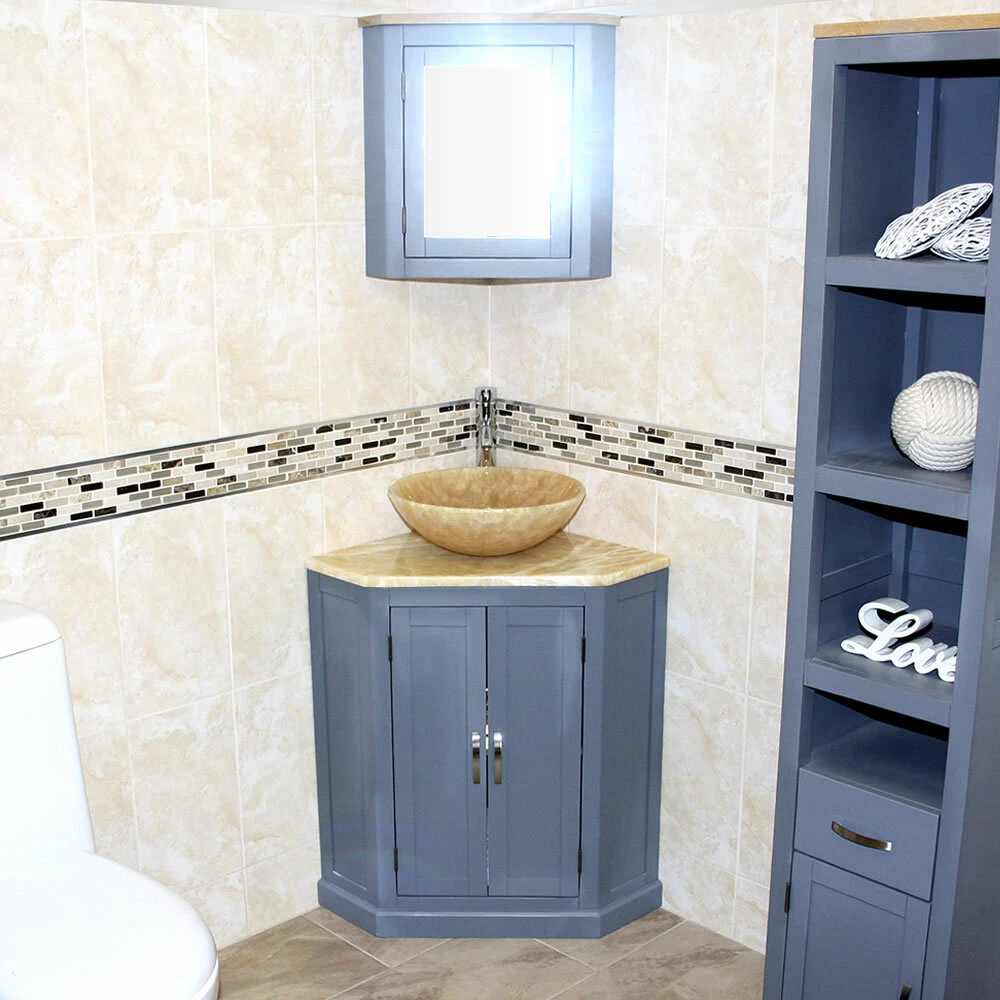 Grey Painted Bathroom Corner Vanity Unit Free Standing Golden Onyx Top Basin