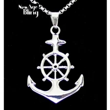 Anchor Wheel Captain Pendant Necklace Stainless Steel 24" Chain 
