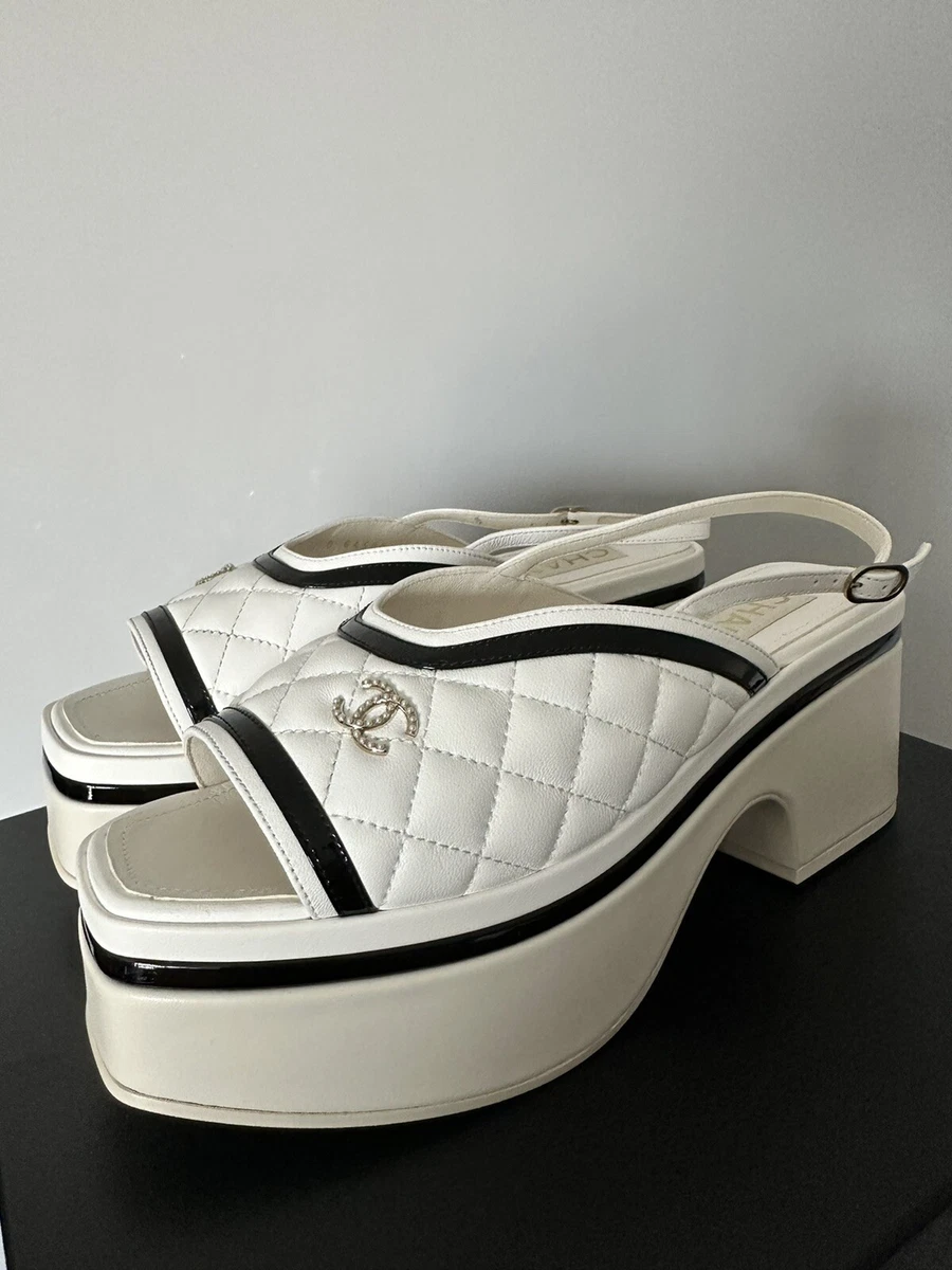 2023 Chanel Sandals Shoes Platform Heels Lambskin White 23A Size 39 NEW