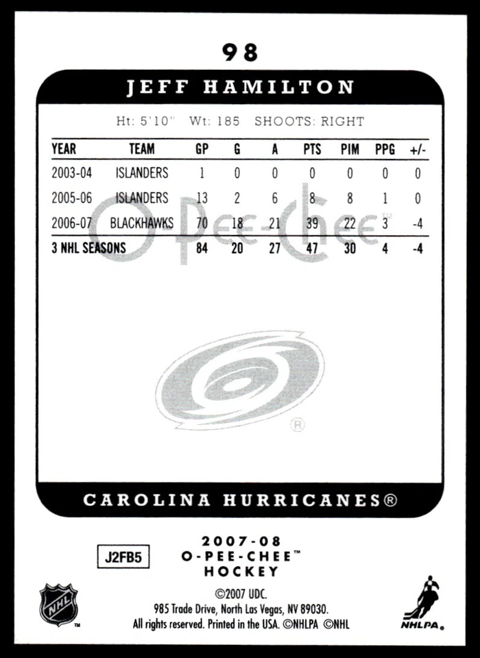 2007-08 O-Pee-Chee Micromotion Jeff Hamilton Carolina Hurricanes #98 R123 - Image 2 of 2