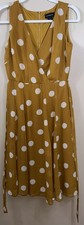 Liz Claiborne Sz 4 Midi Fit Flare Dress Mustard W/White Polka Dots Lined