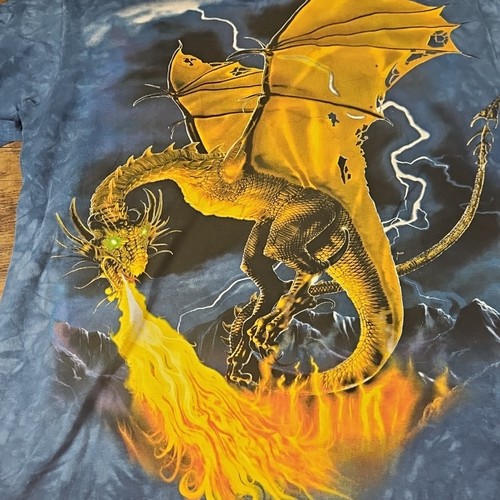 Vintage The Mountain T Shirt Men's Medium Blue Fire Breathing Dragon Leather Tag - Picture 3 of 6
