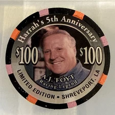 HARRAH'S A.J. FOYT $100 CASINO CHIP IN ACRYLIC LIMITED SHREVEPORT LOUISIANA