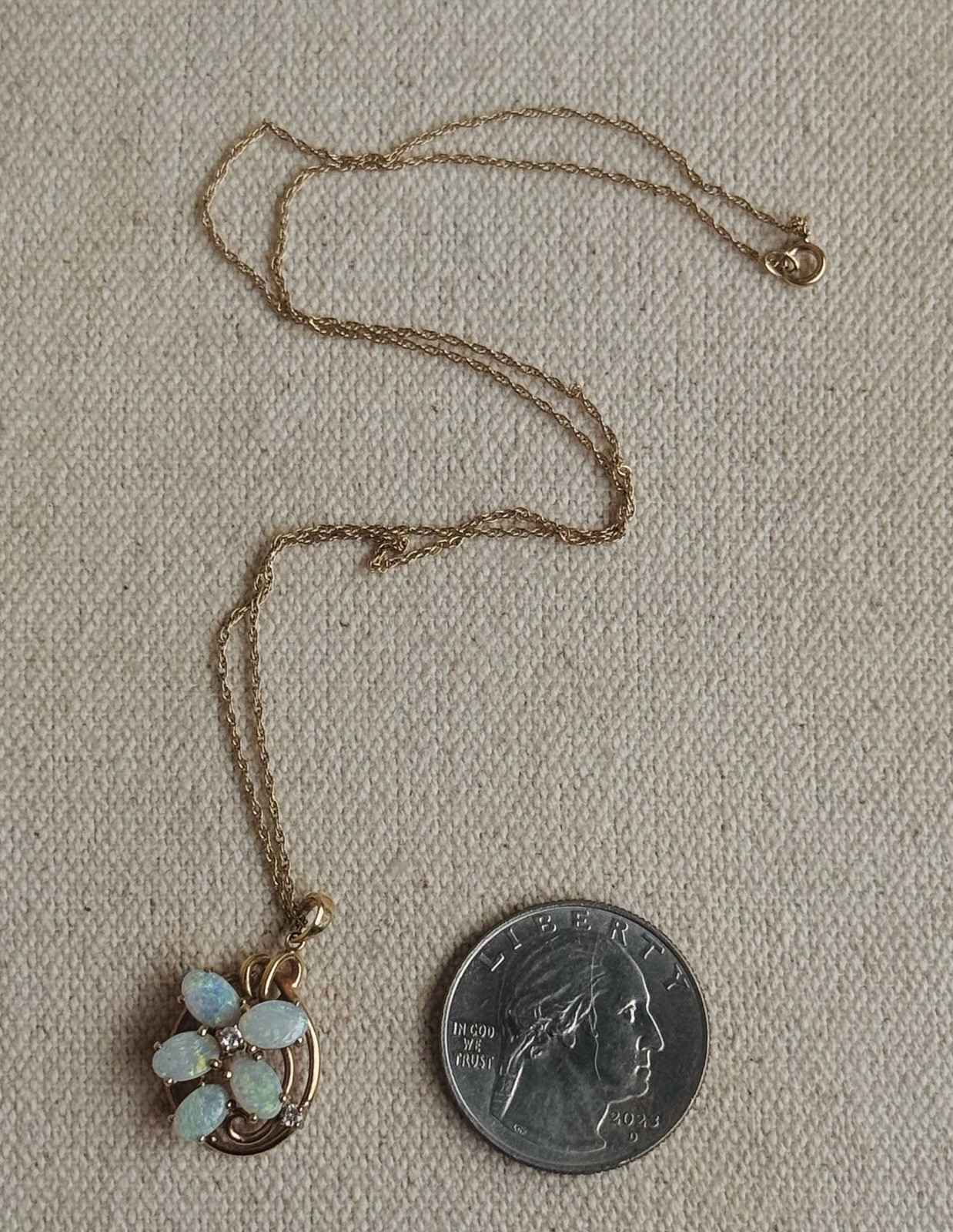 14K Solid Yellow Gold Flower Opal/Moissanite Pend… - image 4