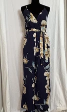 Davi & Dani Jumpsuit Women Large Blue Floral Wide Leg Smocked Pockets Sleeveless