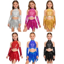 US Kids Dance Outfits Sparkly Sequins Crop Top with Mini Skirt Gloves Dancewear