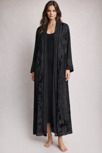 Buccelli Italy Black Velvet & Lace Devoré Long Duster Coat Art-to-Wear Statement