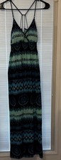 Currants Geometric Maxi Dress Blue Green Spaghetti Strap V-Neck M Lined Cups