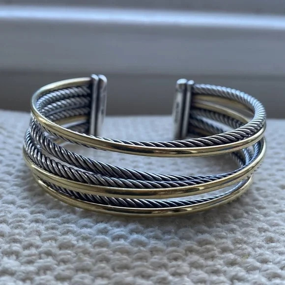 David Yurman Cable Cuff Bracelet Two-Tone 925 Sterling Silver & Gold Tone