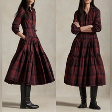Polo Ralph Lauren Christmas Collared Long Sleeve Plaid Midi Shirt Dress size 0