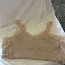 Deena Silky Long Vintage Slip 36 Beige Floral Lace Trim Lingerie Sleepwear