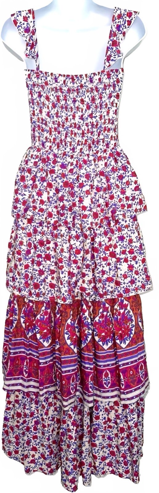 Anthropologie Abel The Label Maxi Floral Dress Womens Sz Xs Pink Tiered BohoChic