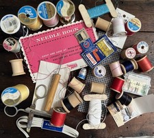 Vintage Sewing Notions, Threads, Needles, Wooden Spools, Odds Ends