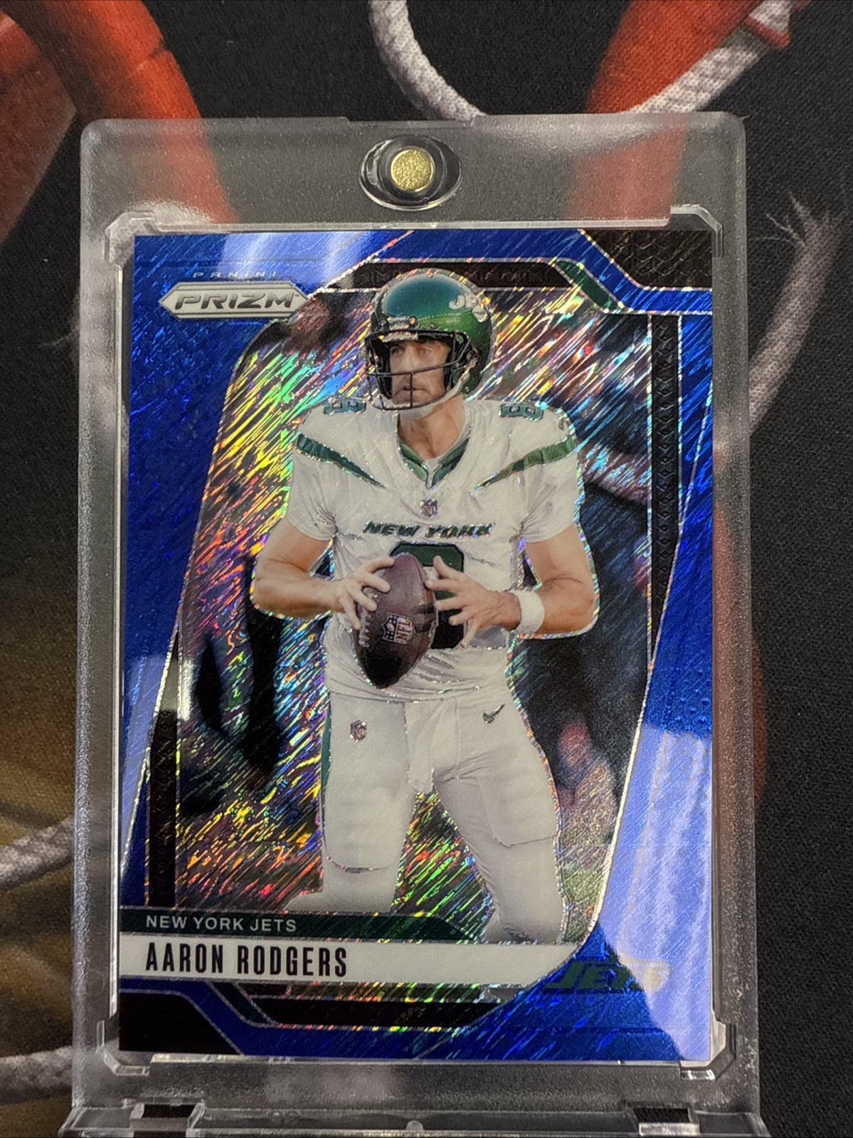 AARON RODGERS 2024 Panini Prizm FOTL #222 Blue Shimmer 13/25 NEW YORK JETS