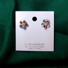 Multicolor Rhinestone Flower Stud Earrings Rainbow Crystal Floral Jewelry/#26467