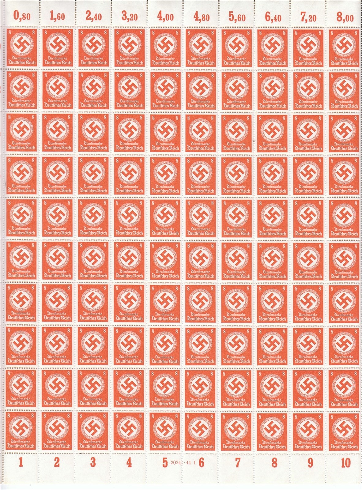 Stamp Germany Official Mi 170 Sheet 1942 WWII Dienst 3rd Reich Reich Era MNH