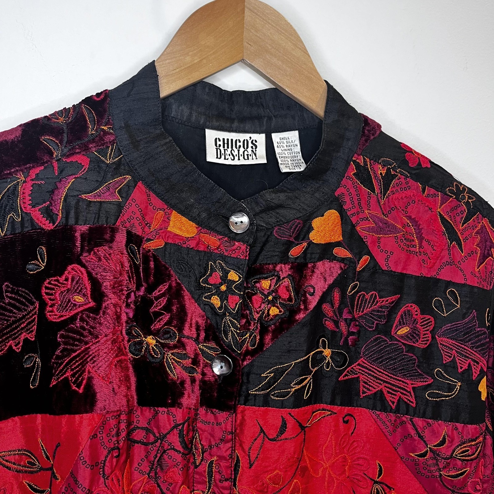 Chicos Patchwork Jacket Womens 3 Embroidered Silk… - image 3