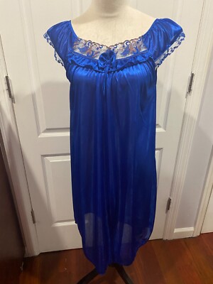 Wmn Ryl Blue Silky Shrt Slve Nightgown w/Embroidery Lace Floral Sz L 37''Lx19''W
