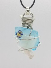 Handmade necklace sea glass pendant wire wrapped with beads