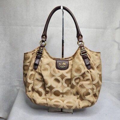 Coach Large Brown Tan Handbag Bag Purse Double Strap Fabric