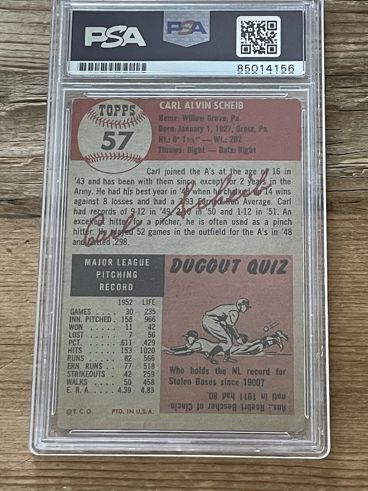 1953 Topps Carl Scheib #57 PSA Authentic Auto RARE *Noles2148* Philly Athletics - Image 2 of 2
