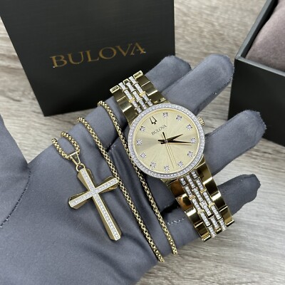 NEW✓GIFT SET✓ Bulova Crystal Gold Tone Diamond Dial Men display picture 2